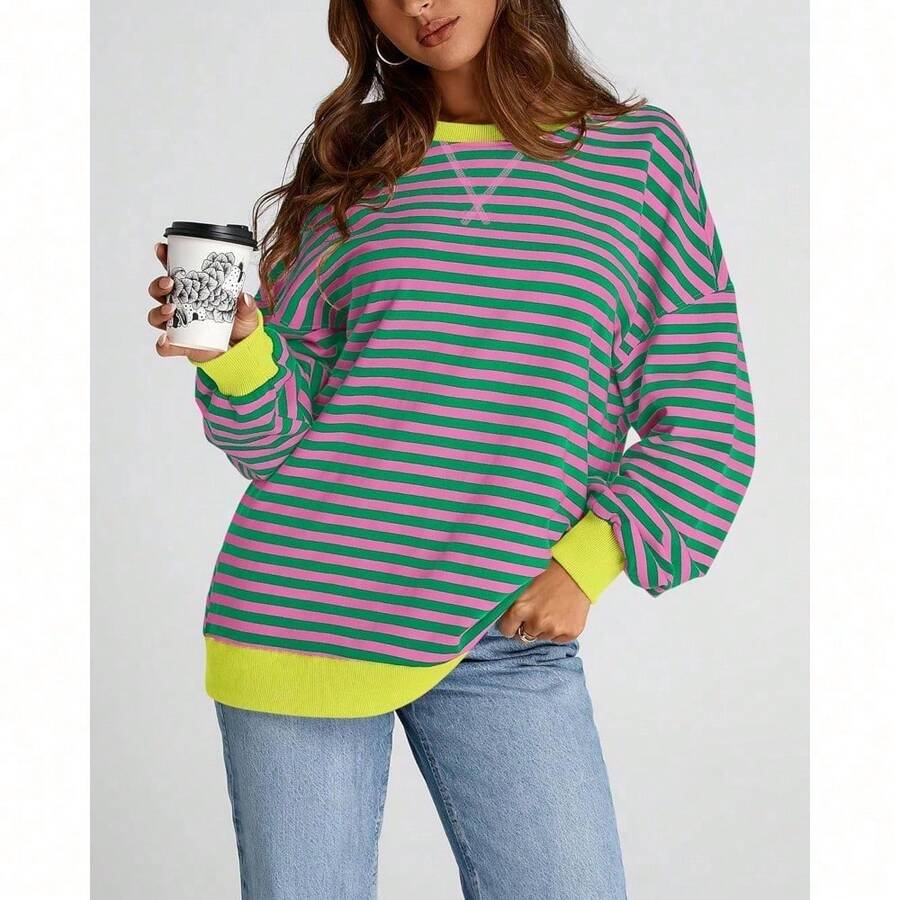 Womens Oversized Striped Sweatshirt Crewneck Long Sleeve Pullover Top Casual Y2K Spring Clothes 2026 Workout Shirt,Vacation Outfits Women,Valentine Outfits For Women,Street Photography - 粉紅綠色 - 查看 1