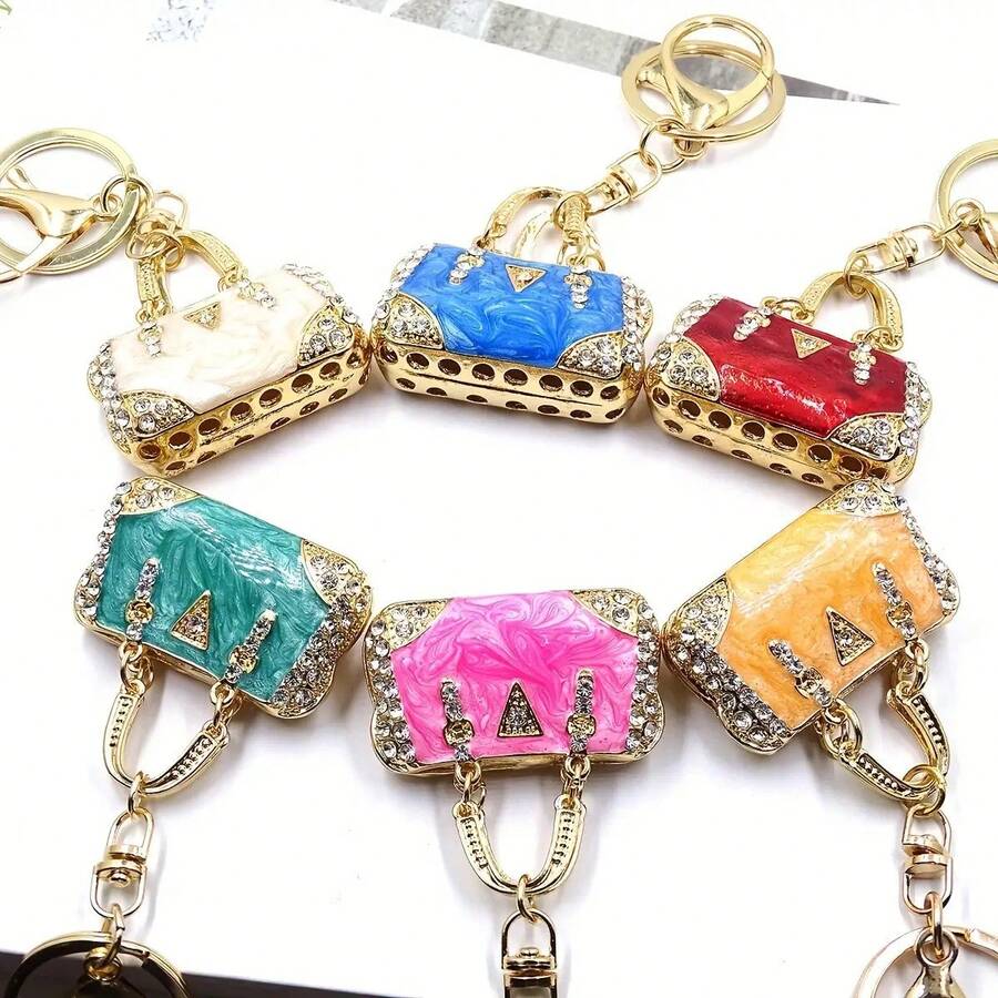 Mini Handbag Enamel Keychain Shiny Rhinestone Key Ring Wallet Bag Backpack Car Pendant Decoration Women's Gift - Họa tiết mây trắng - Xem 1