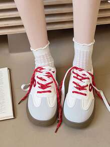 2025 Hot Selling Plus Size Women's Sneakers, 1 Pair PU Leather Sweet Bow Tie Flat Shoes, Red & White Contrast Color Versatile Breathable Casual Sneakers For Women, All Season. Please Refer To Size Chart As The Shoes Run Small. - Red - View 7