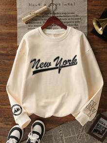 1 pieza Sudadera con cuello redondo con estampado gráfico de Nueva York para niño preadolescente, sudadera con capucha cálida, parte superior de manga larga casual para estudiante joven, adecuada para deportes, ocio, uso diario, versátil, académico, ropa urbana, otoño/invierno