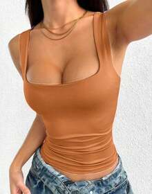 Women's Square Neckline Straight Suplex Tank Top - Caqui - Ver 2
