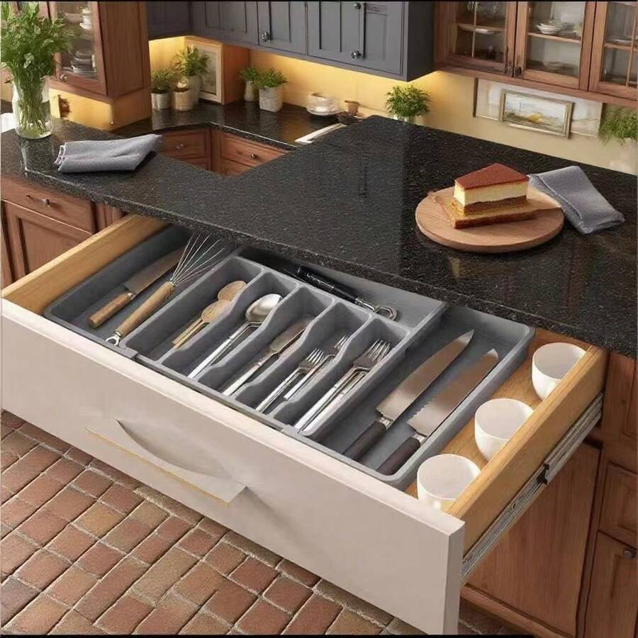 1 cutie organizator mare pentru sertar, argintiu, tavă extensibilă pentru ustensile de bucătărie, suport pentru tacâmuri și ustensile, depozitare reglabilă din plastic pentru linguri, furculițe și cuțite, clasificare și depozitare convenabilă pentru tacâmuri și argintărie mici, decorațiuni interioare, depozitare pentru petreceri și Crăciun