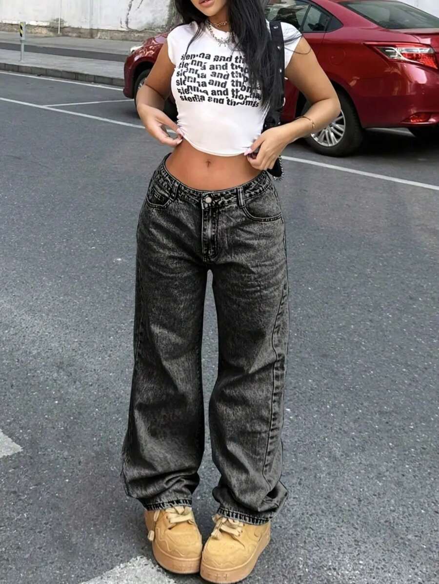 Quần jeans ống đứng cạp cao đơn giản, thoải mái cho bé gái, thích hợp cho các buổi đi chơi - màu đen - Xem 1