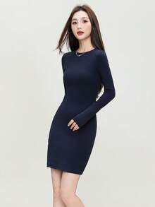优雅修身迷你紧身连衣裙，百搭时尚，适合春秋季节 - 043寶藍色 - 查看 1