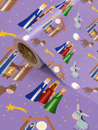 1 卷 + 43 厘米 * 500 厘米（17 英寸 * 16.4 英尺）+ 圣诞宗教主题包装纸 + 耶稣诞生场景插图 + 适用于圣诞礼物、节日装饰、派对布置、手工艺品和其他礼品包装