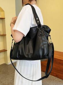 "Vintage Women's Shopper With Shoulder Strap - Grained Leather With Rivets & Zipper - Retro Style (Office, University, Travel) - Generous Capacity For Schoolgirls, Students & Professionals", New Arrival Tote Bags For Woman