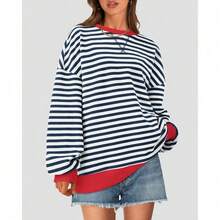 Womens Oversized Striped Sweatshirt Crewneck Long Sleeve Pullover Top Casual Y2K Spring Clothes 2026 Workout Shirt,Vacation Outfits Women,Valentine Outfits For Women,Street Photography - 海軍白 - 查看 3