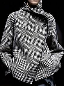 Women's Vintage Houndstooth Double-Breasted Jacket Loose Asymmetrical Hem Long Sleeves Button 2025 New Fall Winter Outerwear For Women - 黑色 - 查看 2