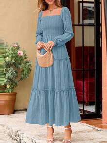PRETTYGARDEN Women Elegant  Maxi Dresses For Fall Boho Long Sleeve Smocked A Line Ruffle  Wedding Guest Holiday Party Long Dress With Pockets New Years Valentine Vacation Spring Dresses For Women Vestidos Elegantes De Mujer - 灰藍 - 查看 7