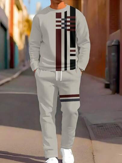 男士两件套运动服，时尚休闲撞色卫衣和长裤套装，适合户外运动