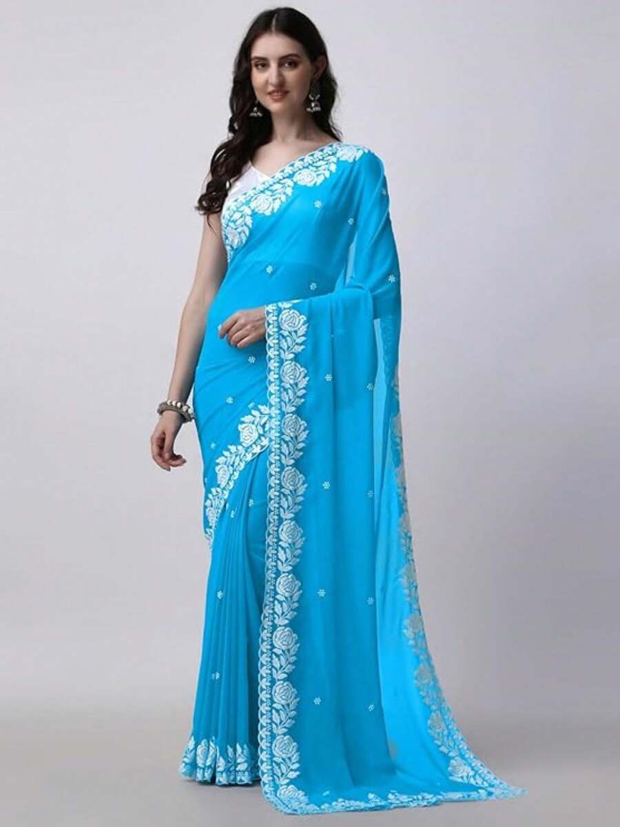 Women's Georgette Embroidery Border Work Designer Saree With Blouse Piece(Royal Blue) - Royal Blue - View 1