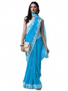 Women's Georgette Embroidery Border Work Designer Saree With Blouse Piece(Royal Blue) - Royal Blue - View 2