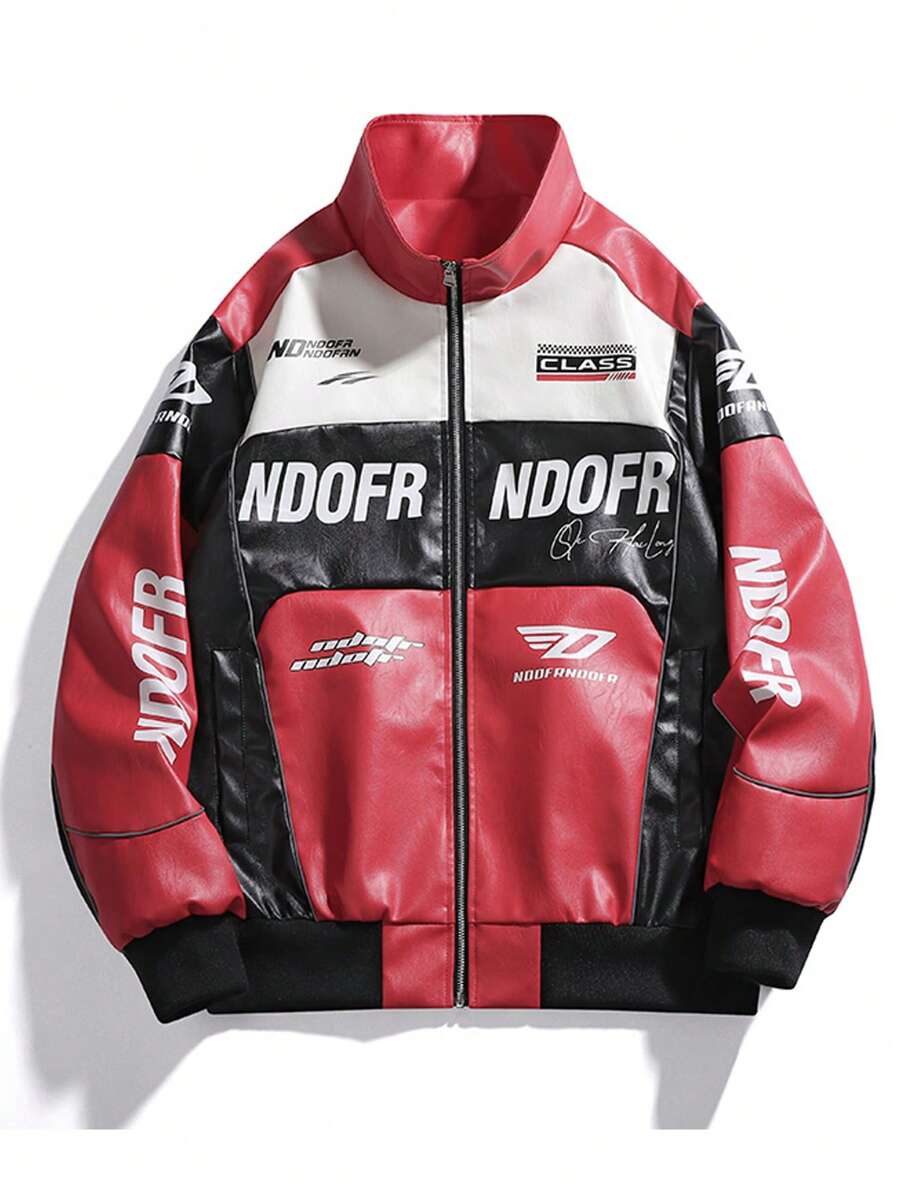Men's Fashion Contrast Color Embroidered Leather Jacket Outerwear, Suitable For Riding, Racing, Spring & Autumn, Grunge