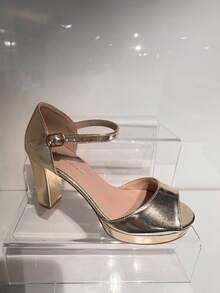 女士金属扣设计时尚优雅高跟厚底凉鞋 - 金色 - 查看 2