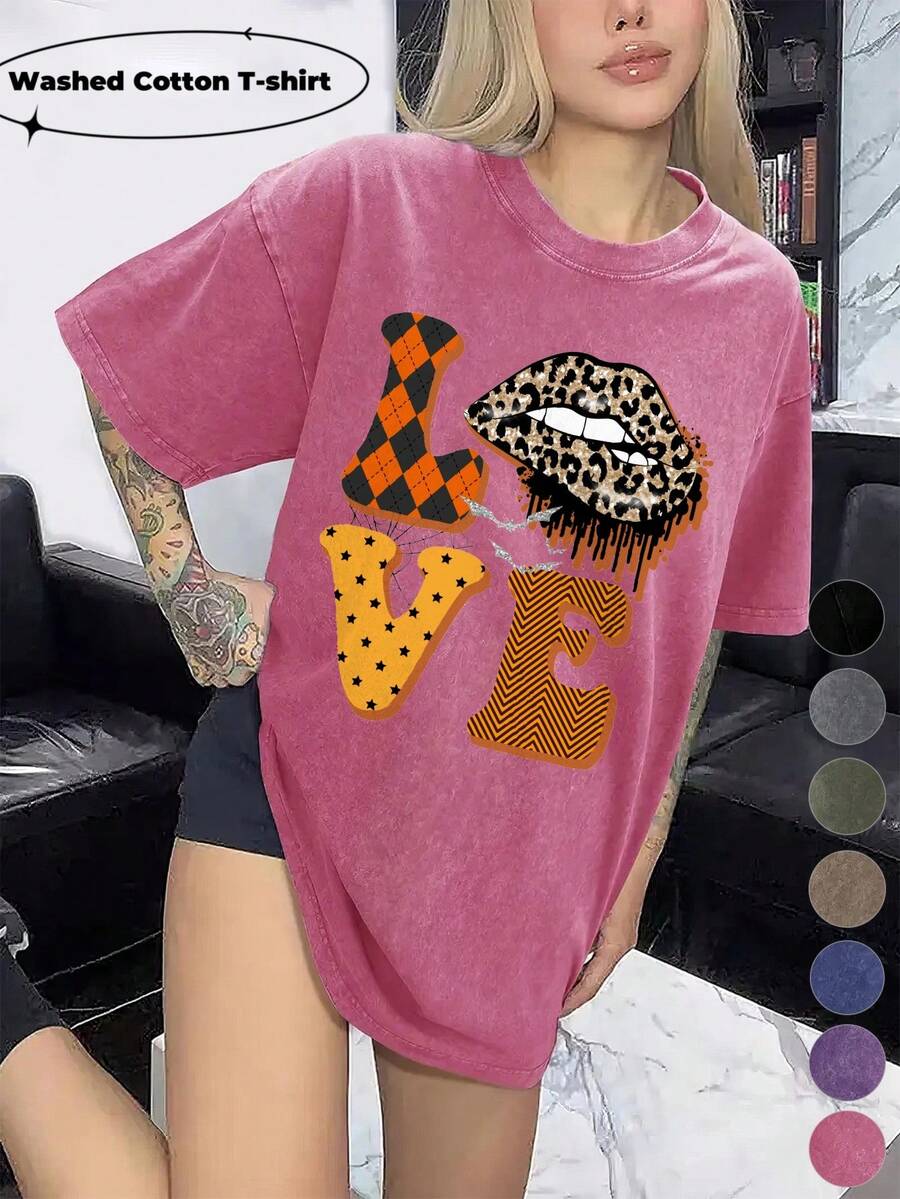 Women's Washed Cotton T-Shirt Love Lip Painted Design Soft And Breathable Fabric, Machine Washable Spring And Summer Daily Stylish Tops The Best Gift For A Friend