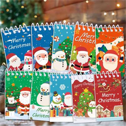 10PCS Christmas Notebooks, Mini Notebooks, Holiday Memos, Spiral Notebooks, Reindeer, Snowman, Santa Claus Patterns, Suitable For Christmas, Winter, School, Party Gifts, Gift Bags, Stockings, Fillers, 10 Patterns