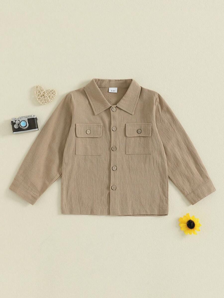 Camisas de otoño para bebés varones, camisas de manga larga de color liso con solapa y botones, blusas de otoño para niños pequeños - Caqui - Ver 1