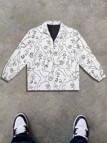 Men's Fashion Abstract Face Minimalist Black & White Line Print Jacket Casual Zipper Streetwear Style - White - View 2