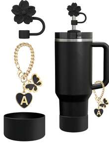 3件/2件套配件,专为30-40盎司杯子设计,包含字母标记和可重复使用的硅胶芙蓉花吸管帽,10毫米宽吸管帽,可爱的字母装饰,适合现代简约玻璃杯。 - 3pcs黑色 - 查看 12