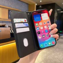 Flip Cover Case + Kickstand Case + High-Craftsmanship + Full Set Phone Case Compatible With Samsung S24U/S25U, Redmi Note 13 Pro/14 Pro; Faux Leather Case Compatible With Xiaomi Redmi Note 11/12/13/14 Pro Waterproof Shockproof Anti-Fall Scratch Resistant Full Cover - Black - View 3