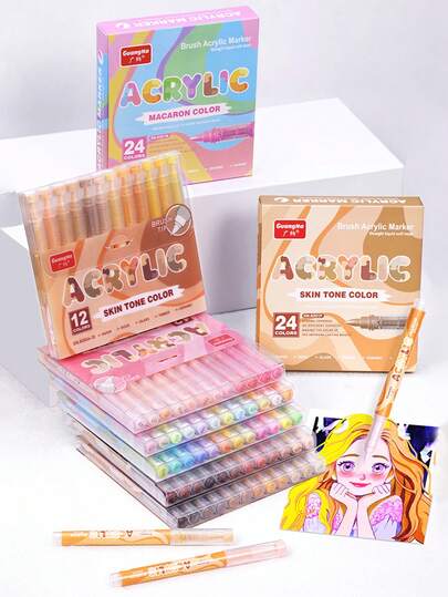 GuangNa 24 Colors/24 Pcs Soft Pen Tip Acrylic Marker Pens, Waterproof Drawing Markers Can Be Written On Stone, Glass, Wood, Canvas, Metal, A Variety Of Objects, Painting, Coloring, Marking, 24 Colors Can Be Selected, Very Bright Colors And Festival Painting Project Creation