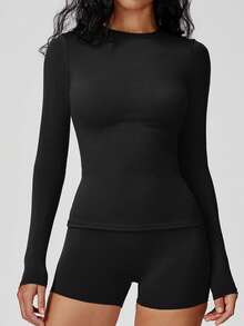 Yefecy 女士纯色圆领压缩运动 T 恤、速干长袖短款 T 恤、女士室内外运动服上衣、运动服、休闲运动上衣、健身服、吸湿排汗 T 恤健身 T 恤 - 黑色 - 查看 5