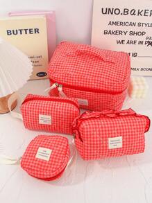 Juego de bolsas organizadoras de gran capacidad para el hogar con cremallera, bolsa de tocador portátil y con asa, bolsa de almacenamiento de cosméticos con diseño acolchado y de cuadrícula clásica en color rojo, bolsa cuadrada pequeña para almacenar toallas sanitarias, bolsa de maquillaje multifuncional para el hogar con asa, regalos para el Día de San Valentín, Navidad, Acción de Gracias, suministros para damas de honor y bodas