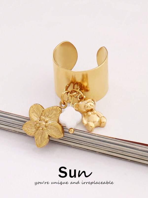 1pc Stainless Steel Flower Pendant Open Rings Fashion Bear Pendant Round Ring For Women Waterproof Jewelry