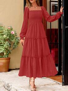 PRETTYGARDEN Women Elegant  Maxi Dresses For Fall Boho Long Sleeve Smocked A Line Ruffle  Wedding Guest Holiday Party Long Dress With Pockets New Years Valentine Vacation Spring Dresses For Women Vestidos Elegantes De Mujer - 紅色 - 查看 5