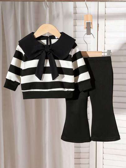 2 件套女婴优雅可爱彼得潘领条纹长袖运动衫 + 裤子套装，轻便，适合春秋季