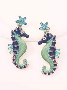 1pc Fashionable Elegant Ocean Holiday Style Geometric Rhinestone Inlaid Star & Seahorse Colored Symmetrical Dangle Earrings - Seahorse Earrings - View 7