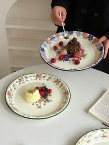 1pc Enamel Flower Pattern Plate, High-Quality Ins Style Breakfast/Dessert/Fruit Plate, Floral Design Enamel Dish For Home Use