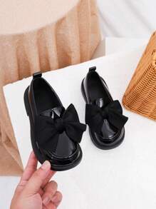Girls' Bowknot Leather School Shoes, Children Princess Shoes, British Style Black Flats, Soft Sole Student Performance Shoes