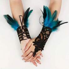 A Pair Of Gothic Lace Faux Feather Gloves For Halloween Ladies, Lace Cuffs, Wristbands, Cosplay, Wedding Party, Halloween Costume Decoration Accessories