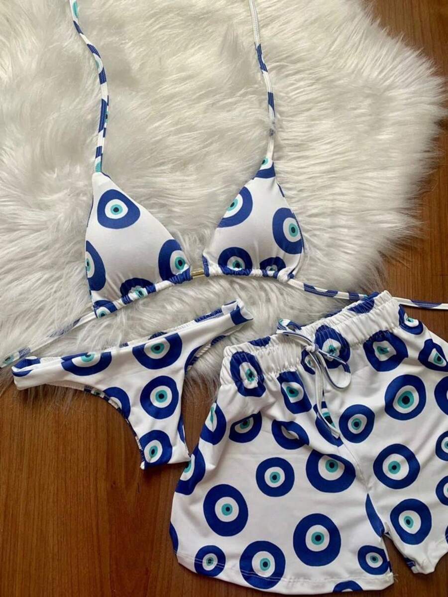 3-PIECE BIKINI SET TRIKINI WITH SHORTS - Azul y blanco - Ver 1