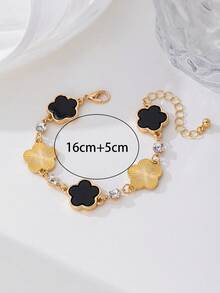 1pc Luxurious Rhinestone Embellished Gold Textured Black Clover Charm Women Bracelet - Black - View 5