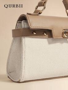 QURBII 1pc Small Fashionable Faux Leather & Fabric Patchwork Handbag, Elegant Tote Bag, Lockable Rivet Decor Strap Small Square Bag, Detachable Shoulder Strap, Crossbody Bag, Suitable For Women Office, Commute, Date, Shopping, Casual, Vacation, Beach, Music Festival, Party, Wedding, School