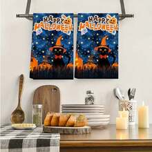 Set de 2 toallas de cocina de Halloween, 40cm*60cm - Toallas de cocina con temática de Halloween con estampados de cielo estrellado azul, gato negro y calabaza, adecuadas para la decoración del hogar en días festivos, toallas de platos de poliéster, excelentes para el hogar, el baño y la decoración de fiestas