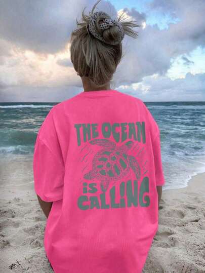 Women's Summer Leisure Vacation THE Ocean Calling! Marine Creatures And Letter Print Pattern Round Neck White T-Shirt, Women's Spring And Summer Vacation Items, Beach Ocean Match Your Clothes