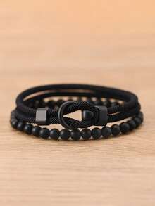 2pcs Men's Bracelet Set, Black Stone Elegant Men's Bracelet, Beaded Bracelet Strap With Powerful And Graceful Vibe, Suitable For Daily Stacking And Gift, Great For Friends - Two-piece Set Of Stones + Custom-made Buckle Bracelet - View 5