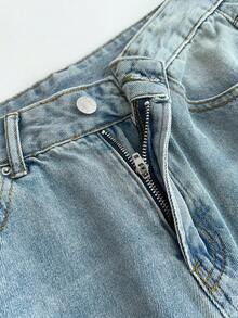 Długie jeansy z szerokimi nogawkami dla kobiet, jasnoniebieskie, z różowymi haftowanymi literami, swobodny, uroczy styl, nieelastyczne, zapinane na guziki i zamek błyskawiczny, kieszenie