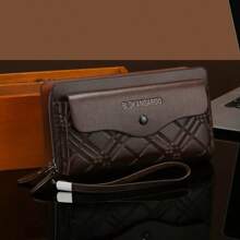 男士长款商务钱包，便携式手拿包，大容量双拉链手提包，多卡槽，手机袋，菱形设计，PU材质 - 棕色 - 查看 2