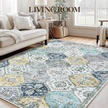 Machine Washable Rugs, Vintage Floral Throw Rugs, Farmhouse Indoor Floor Mat, Easy To Clean, Soft, Non-Slip Low Pile Accent Rug For Living Room, Bedroom, Dining Room, Kitchen - Blue and Yellow - View 1