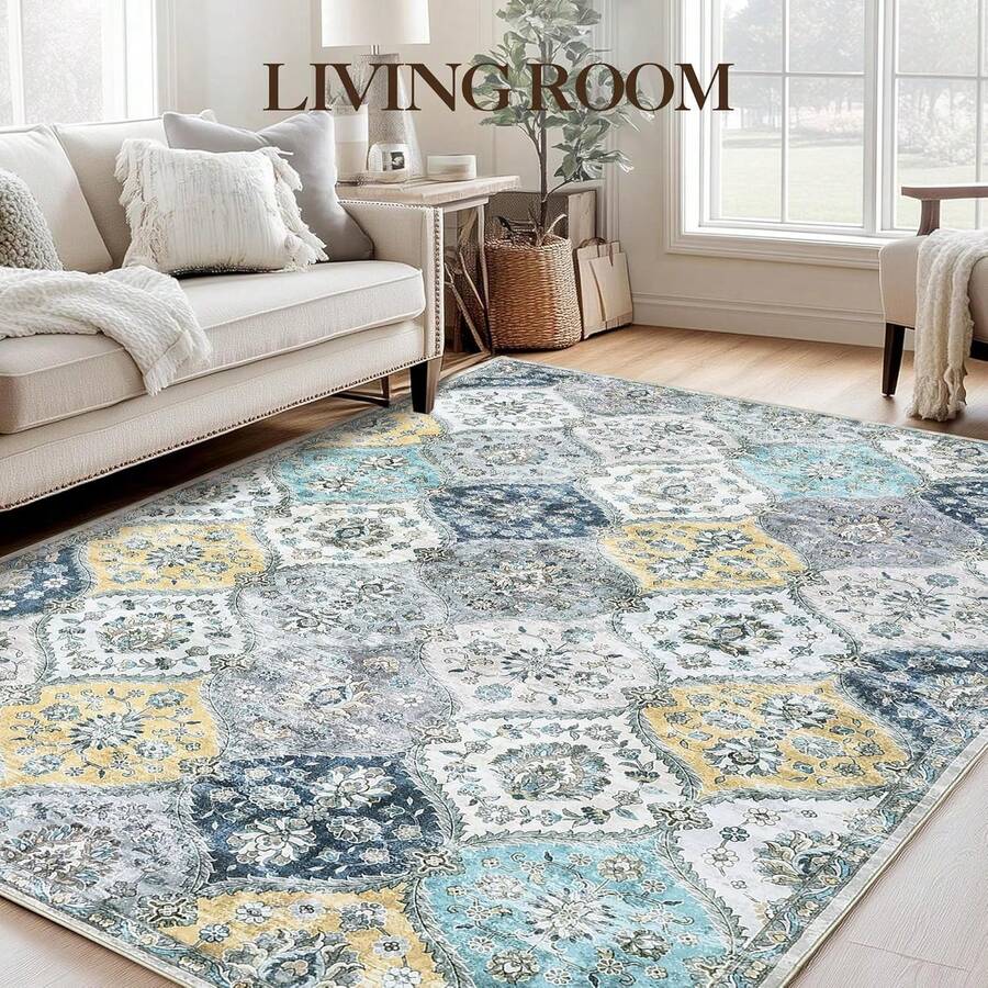 Machine Washable Rugs, Vintage Floral Throw Rugs, Farmhouse Indoor Floor Mat, Easy To Clean, Soft, Non-Slip Low Pile Accent Rug For Living Room, Bedroom, Dining Room, Kitchen - Blue and Yellow - View 1