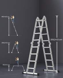 SONGMICS Ladder, Multi-Purpose Folding Ladder, Step Ladder, Aluminium Household Ladder, 4 X 4 Steps, Support Up To 150 Kg, 16 Steps, 6-In-1 Ladder, 430 Cm Long, Silver - Silver - View 4