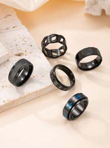5入組時尚不鏽鋼戒指，簡約黑色羅馬數字戒指，中空旋轉戒指，男士酷炫嘻哈戒指配件