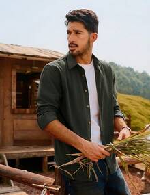 Men's Corduroy Shirts Casual Button Down Shirt Jacket Lightweight Shackethalloween - xanh quân đội - Xem 5