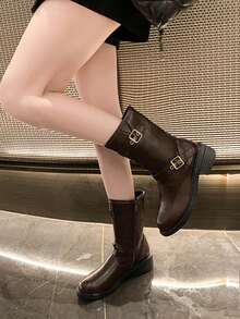 Botas Estilosas Femininas, Botas de Cavaleiro Estilo Britânico, Botas Curtas Versáteis de Ajuste Slim com Zíper Lateral Vintage, Botas para Primavera/Outono, Botas de Cano Médio Femininas de Couro com Salto Grosso