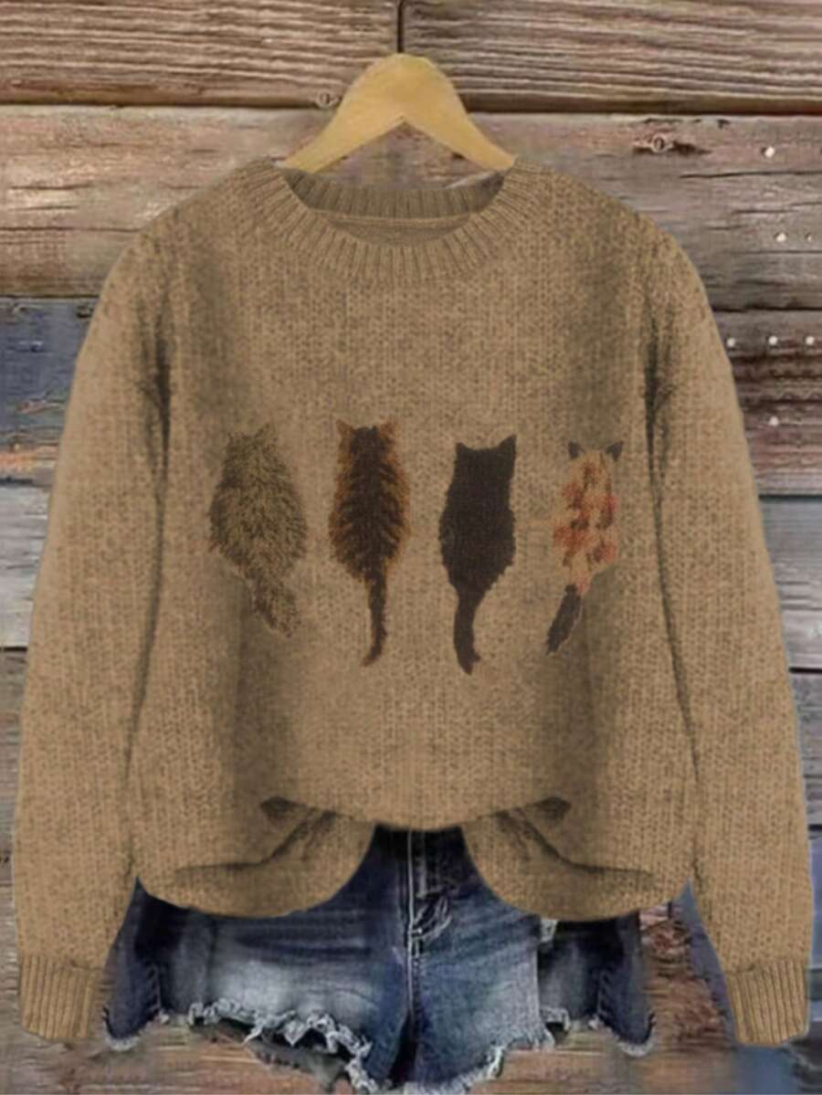 Cat Print Loose Fit Crew Neck Casual Sweater Fall - Brown - View 1