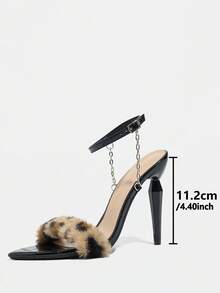 女士高跟鞋，适合春夏晚宴、户外活动、时尚社交聚会，电镀尖头细高跟，饰以闪亮金属链，高品质石纹材质搭配豹纹毛皮，可调节踝带，优雅黑色正式高跟凉鞋，适合舞会和派对 - 黑色 - 查看 5